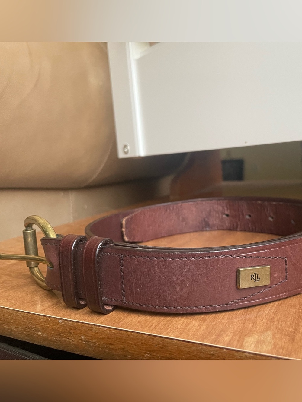 Vintage Lauren Ralph Lauren Brown Italian Leather Belt Brass Logo Plaque 36